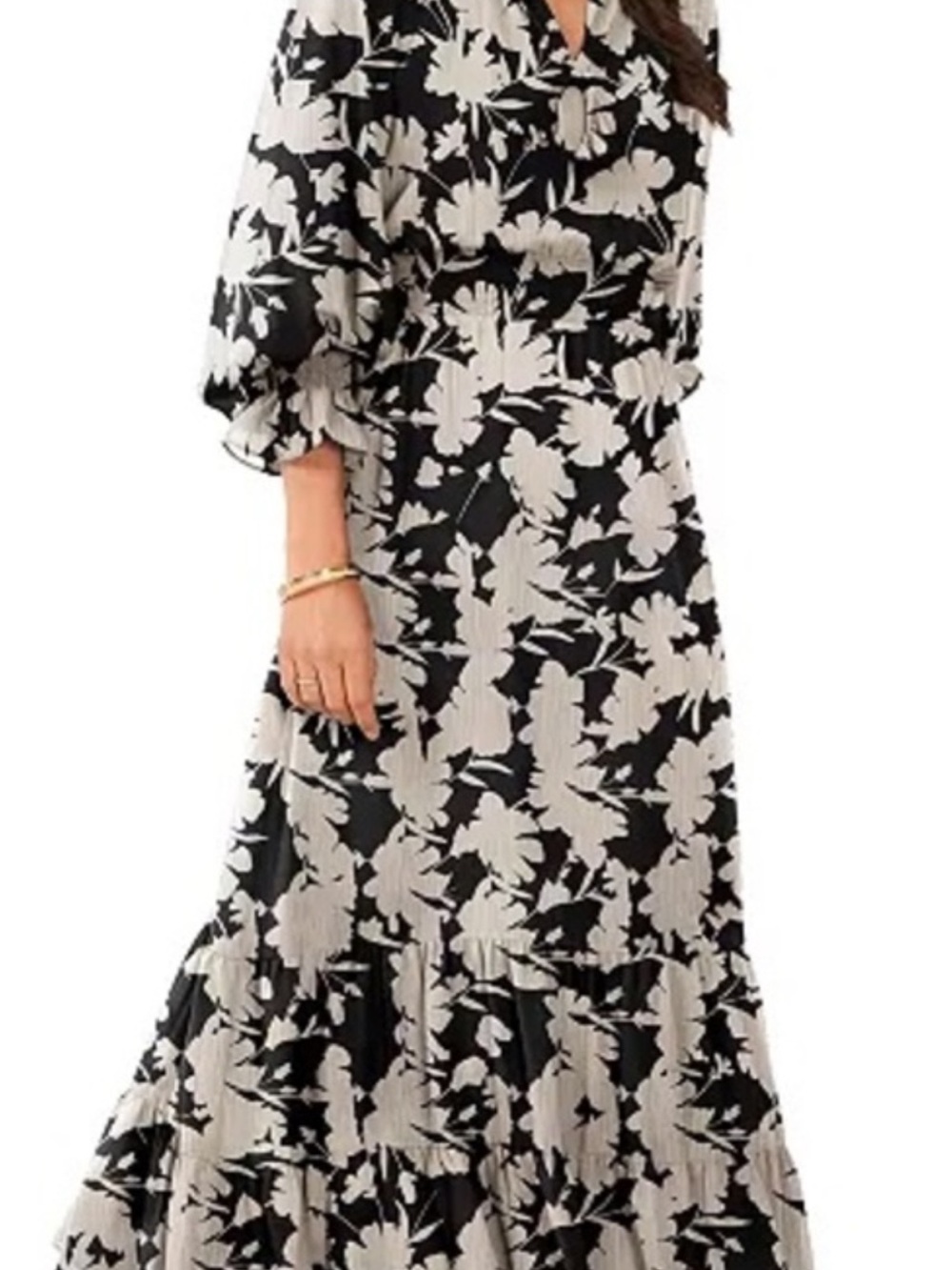 Vince Camuto Black and Cream Floral Tiered Maxi Dress